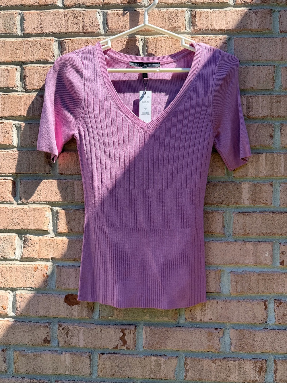 Short Sleeve V-Neck Ribbed Top - Pink/Purple
